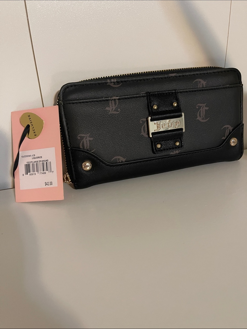 Juicy Couture Black Logo Zip Wallet with Gold Hardware